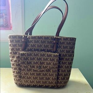 Michael Kors Brown Structured Tote with Monogram Pattern